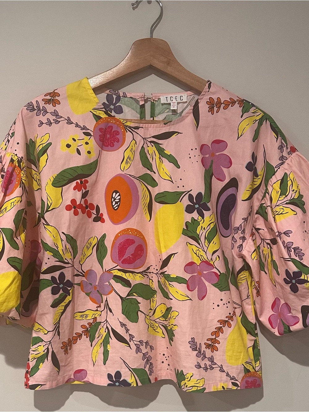 TCEC Pink Floral Puff-Sleeve Blouse with Fruit Motif - Picture 2 of 5